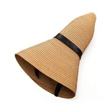 قبعة قش بيج للنساء للربيع والصيف، للعطلات الشاطئية، للظل والحماية من الشمس، ذات حافة كبيرة مع ربطة فيونكة