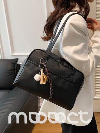 MDODO 1pc Solid Color PU Tote Bag, Women's Fashion Simple Versatile Large Capacity Shoulder Tote Bag, Uniform Bag, Dual Handle Shoulder Strap Design, Zipper Closure, Suitable For Office, School, Work, Business, Commuting, Outdoor, Travel, Picnic (Sold With Pendant)