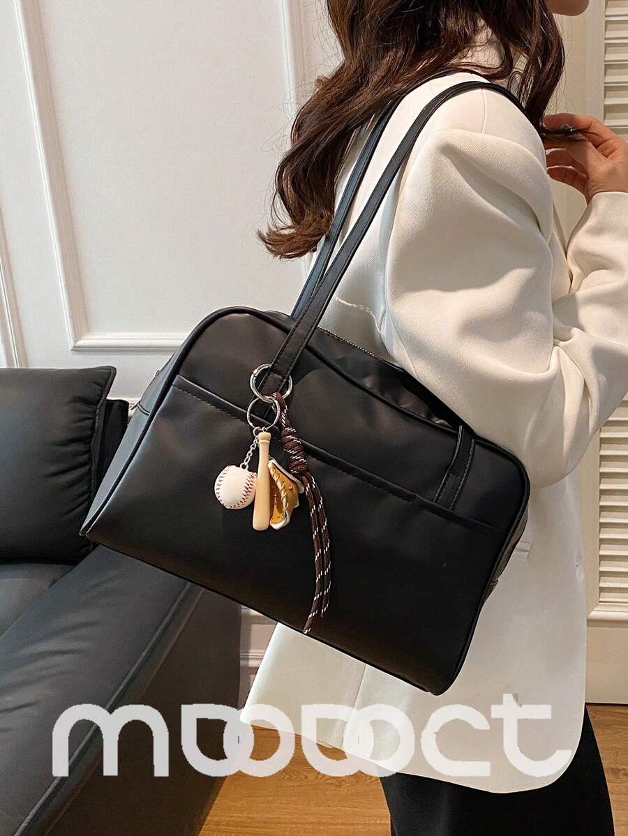 MDODO 1 件纯色 PU 手提包，女士时尚简约百搭大容量单肩手提包，制服包，双手柄肩带设计，拉链开合，适用于办公室、学校、工作、商务、通勤、户外、旅行、野餐（带吊坠出售）