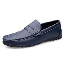 男士奢华真皮便士乐福鞋，休闲编织款一脚蹬平底鞋，配有松紧带，适合春秋季日常穿着、婚礼、派对、办公室、商务场合。 - 藍色 - 查看 3