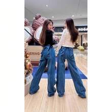 Wide-Leg Denim Straight-Leg Pants For Women With Back Ribbons. Relaxed Fit, Long Gaucho Pants. Harajuku, Y2K, Korean, School, Street Style. - 藍色 - 查看 2