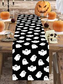 1pc 35*180cm Halloween Cute Ghost Polyester Table Runner - Black & White Ghos Pattern Tablecover, Suitable For Halloween Party, Horror Theme Decor, Restaurants, Kitchens Or Home Gatherings, Party Supplies