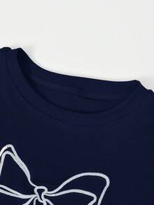 Bow Embroidery Short Sleeve T-Shirt For Women, Sexy Design, Slim Fit, Cropped, Summer Casual - Navy Blue - View 5