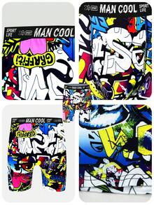 Bộ 3 quần đùi dài nam in họa tiết graffiti, thoáng khí, thoải mái, nhanh khô, cạp chun co giãn, thích hợp mặc đi biển/hồ bơi, đồ lót nam sáng tạo. - Nhiều màu - Xem 7