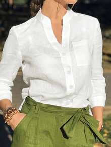 大码女式休闲纯色纽扣口袋长袖衬衫，宽松腰带上衣，适合秋冬春三季日常穿着 白色 - 白色 - 查看 1