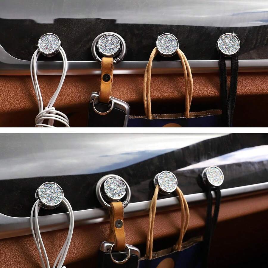 4PCS Bling Car Mini Hooks Circle Shape Cute Car Dashboard Hooks For Keys USB Cable Sunglasses Multifunctional Hanging Storage Hooks Universal Rhinestone Accessory For Car Interior And Home DIY Decor, Sparkling Crystal Rhinestone-Studded Car Organizer, Easy-Install Dash Mount, Multi-Purpose Storage Hangers For Keys, Cables, Sunglasses, Wallets, And Small Accessories, Ideal For Car, Home, Office, And Travel Use - Multicolor - View 1