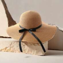 قبعة قش بيج للنساء للربيع والصيف، للعطلات الشاطئية، للظل والحماية من الشمس، ذات حافة كبيرة مع ربطة فيونكة
