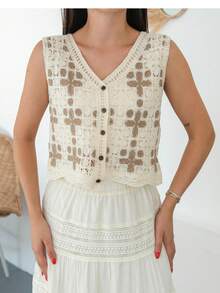 女士优雅波西米亚风钩针单排扣蕾丝边配撞色纽扣、镂空毛衣背心、针织上衣 - 米色 - 查看 1