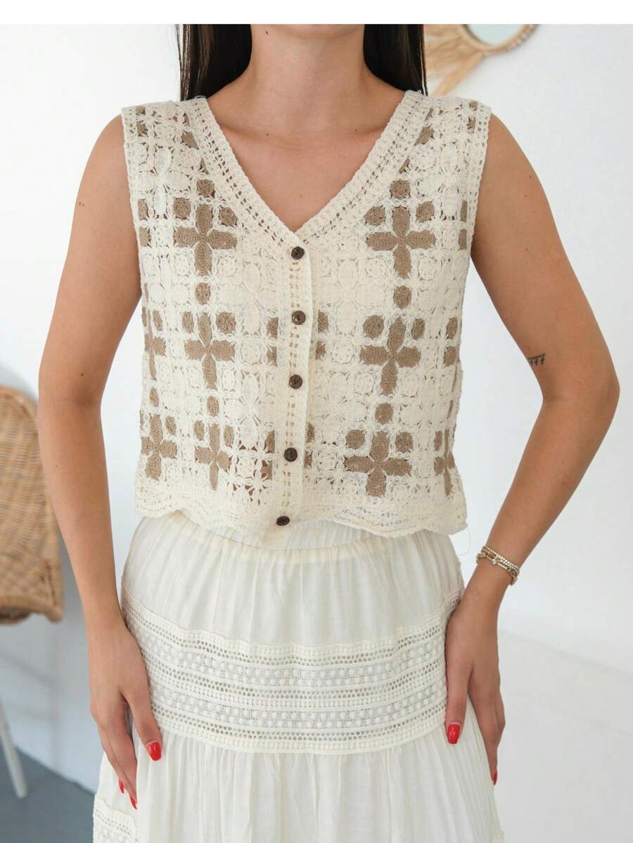 女士优雅波西米亚风钩针单排扣蕾丝边配撞色纽扣、镂空毛衣背心、针织上衣 - 米色 - 查看 1