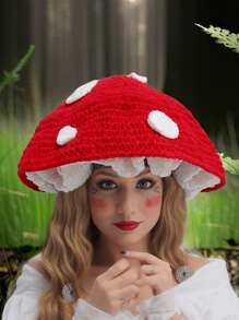 1pc Women's Handmade Crochet Mushroom Beanie Hat, Cute Little Red Riding Hood Style, Warm Knitted Cap For Autumn/Winter, Casual & Party Wear Autumn Accessories, Halloween - Red - View 4