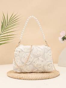 1 件优雅 3D 玫瑰花朵单肩包、金属链条斜挎包、仿珍珠手提包、女士派对礼服、派对包、节日派对礼服、情人节礼物、新娘包、伴娘包、适合派对、约会、婚礼、晚会（图案随机）1 件时尚花卉手提包、珍珠装饰链条单肩包、花卉面料、新款夏季时尚女包、多功能斜挎包、单肩包、轻便手拿包适合派对、夜总会、购物、约会 - 米色 - 查看 3