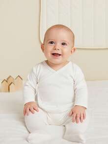 SET DE 3 CAMISETA PLAYERITA INTERIOR DE ABROCHADO CRUZADO MANGA LARGA PARA BEBE EN TELA SUAVE, UNA PRENDA UTIL PARA ARROPADO Y FRESCO - Blanco - Ver 2