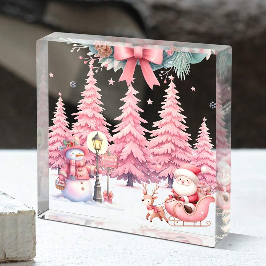 1 pezzo, Decorazione natalizia piatta 2D, albero di Natale rosa con scene di pupazzo di neve e slitta di Babbo Natale - Elegante decorazione piatta 2D per desktop, libreria, feste - Senza elettricità necessaria, regalo perfetto per Natale e Ringraziamento per mamma, nonna, figlia, zia