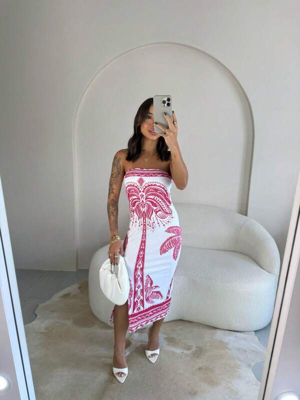 Vestido Feminino Estampado Luxo Tomara Que Caia Com Fenda Mídi Ribana