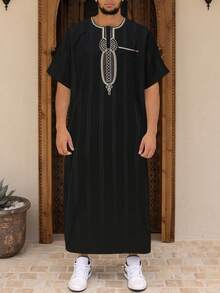 新款简约条纹长袍、阿巴雅伊斯兰宽松长袍、短袖刺绣穆斯林口袋长袍、休闲阿拉伯风格、男士传统甘杜拉祈祷休闲节日服装、优雅的斋月服装、优雅奢华的传统男士服装 - 黑色 - 查看 11
