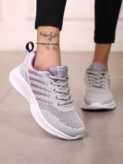 Women's Breathable Mesh Lavender Gray Road Running Shoes, Lightweight Soft Sole Low-Top Lace-Up Outdoor Sports Sneakers