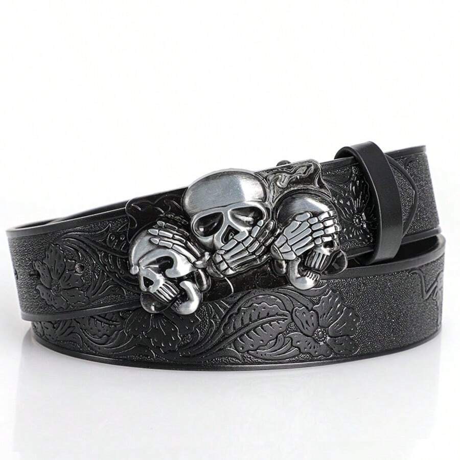 1pc Y2K Skeleton & Demon Print Street Style Belt, Gothic Dark Skull Fashion Accessory, Suitable For Casual Daily Wear, Festivals, Parties, Adjustable, Autumn/Winter, Halloween, Suitable For Teenagers, Youth, Men, Casual, Outdoor, Sports, Vacation, Graduation Gift, Birthday, Daily Wear - Black - View 1