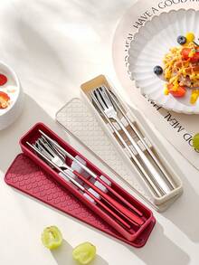 3pcs/4pcs Stainless Steel Cutlery Set, Spoon Fork Chopsticks, Student Outdoor Travel Portable Tableware With Storage Box - Multicolor - View 3