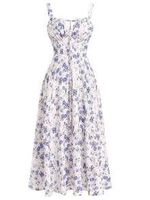 Blue And White Floral Dress Floral Dress Sundress , White Corset Dress, Floral Printed Corset Dresses Ruched Bust Cami Dress Flowy Sundress, Spaghetti Strap Dresses For Women Body Shaping Dress, Women'S Novelty Corset Dresses