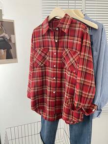 Women's Casual Everyday Plaid Pocket Front Button Shirt
