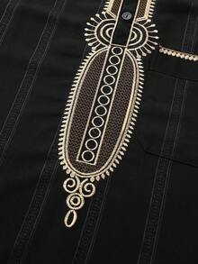 新款简约条纹长袍、阿巴雅伊斯兰宽松长袍、短袖刺绣穆斯林口袋长袍、休闲阿拉伯风格、男士传统甘杜拉祈祷休闲节日服装、优雅的斋月服装、优雅奢华的传统男士服装 - 黑色 - 查看 6