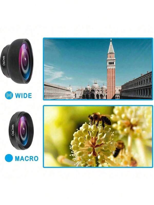 2-in-1 mobiele telefoonlens, lens voor mobiele telefooncamera, lenskit, 0,45x groothoeklens en 12,5x macrolens, lenskit voor telefooncamera's voor iOS en Android-smartphones, tablets compatibel met iPhone en Android-telefoon voor zomervakanties, reizen, creatieve fotografie en telefoonaccessoires