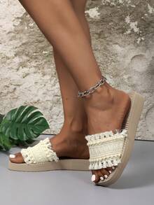 时尚、优雅、简约、复古、经典一体式防滑户外沙滩凉鞋，春夏季 - 米色 - 查看 4