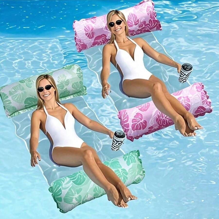 1 pezzo/2 pezzi Amaca galleggiante pieghevole portatile con rete e schienale, letto d'acqua gonfiabile, materasso da piscina a righe per spiaggia e sport acquatici