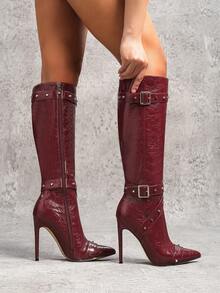Fall/Winter 2025 12cm Sexy Fashion Leather Strap Metal Buckle Studded Pointed Toe Casual Versatile Side Zipper Burgundy Women Tall Boots,High Heels - Burgundy - View 4