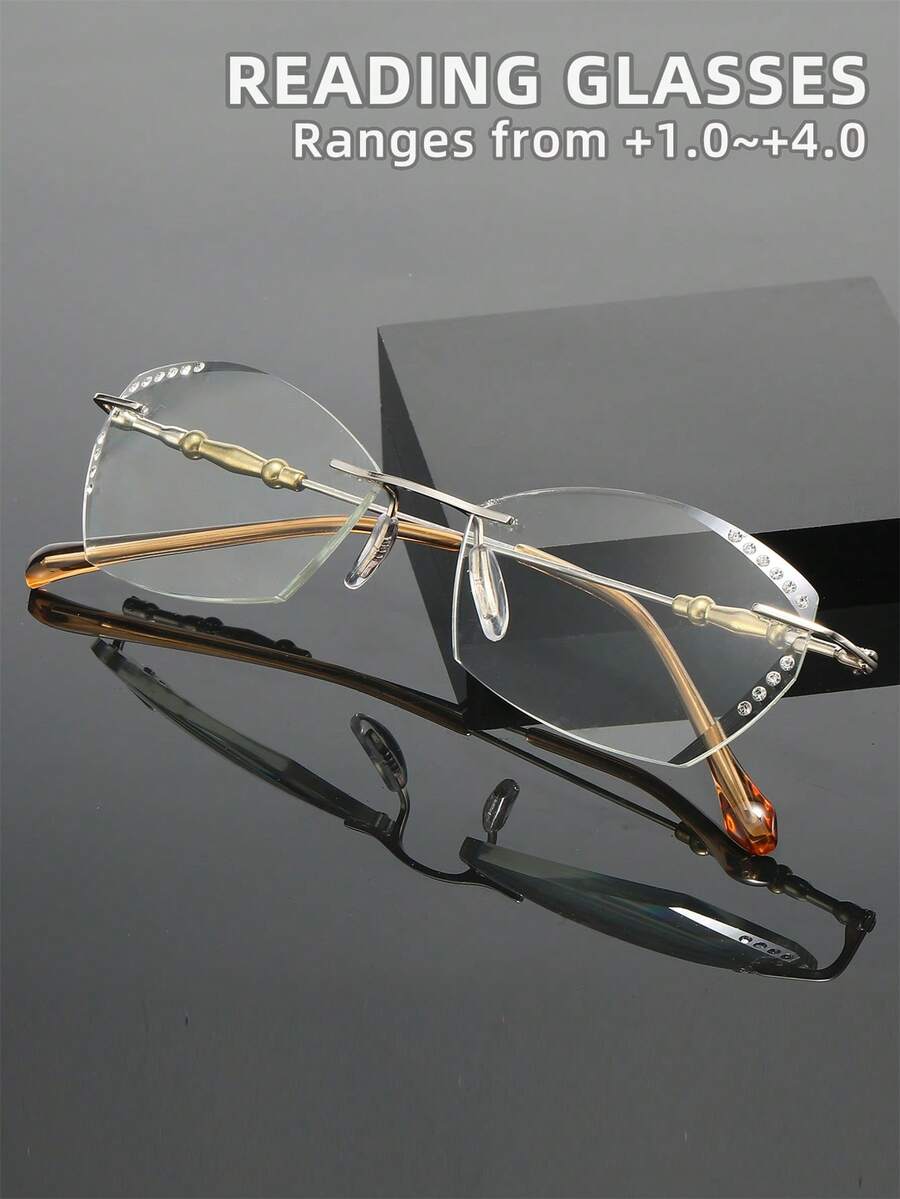 Occhiali da vista da donna, nuova montatura in metallo senza bordi con diamanti incastonati, montatura ovale con molla, occhiali da lettura classici per uomo e donna, adatti per sport, anti-scivolo, computer, lettura confortevole, prevenzione dell'affaticamento degli occhi, design portatile adatto a vari tipi di viso, rosa, 7 opzioni diottrie - Colore trasparente - Visualizzare 1
