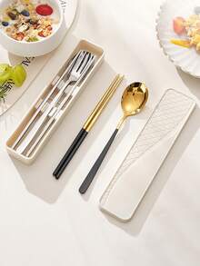 3pcs/4pcs Stainless Steel Cutlery Set, Spoon Fork Chopsticks, Student Outdoor Travel Portable Tableware With Storage Box - Multicolor - View 5