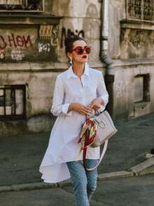 Women's Elegant Semi-Sheer Long Woven Shirt With Collar And Asymmetric Hem Spring White - White - View 1