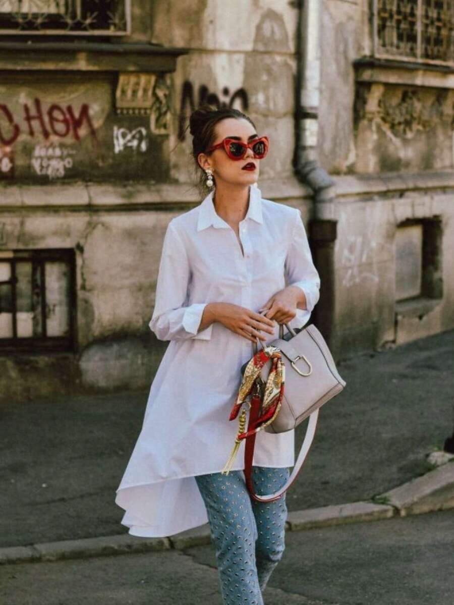 Women's Elegant Semi-Sheer Long Woven Shirt With Collar And Asymmetric Hem Spring White - White - View 1