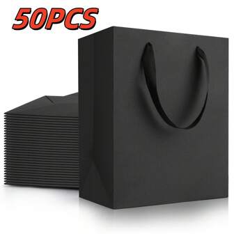 Black Gift Bags With Handles: 8x5x10 Inch 50pcs Black Paper Bags Medium Bulk For Party Shopping Birthday Wedding (M)