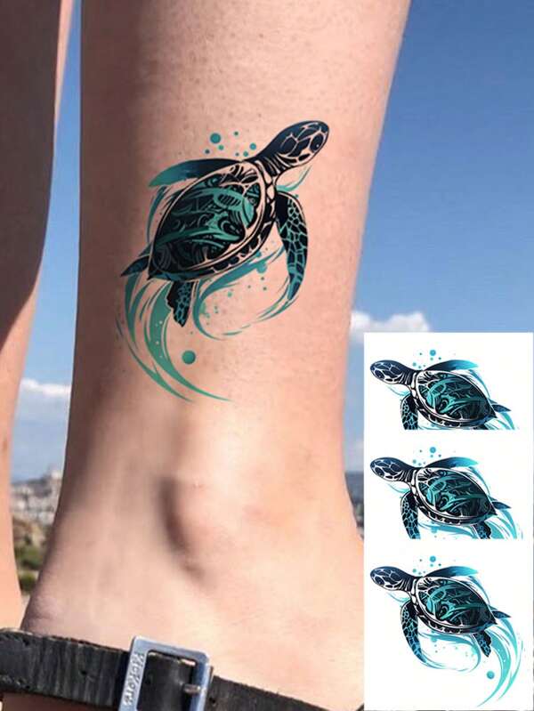 3 Fogli/Set Tatuaggi Temporanei Stile Acquerello, Disegno di Tartaruga Marina Blu, Impermeabile e Resistente al Sudore, Idea Regalo Ideale per Feste di Compleanno, Spiaggia, Vacanze