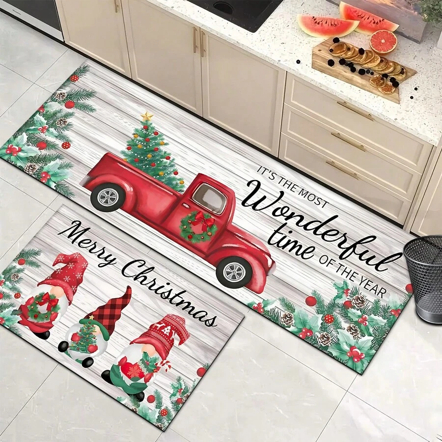 1pc Home Decor, Truck & Christmas Tree Pattern Printed, Christmas, Christmas Gift, Christmas Decoration, Diatomite Kitchen Carpet, Kitchen Mat, Rug, Rectangle Carpet, Suitable For Living Room, Bedroom, Hallway, Bathroom, Laundry Room - Polyester Carpet, For Indoor And Outdoor Home Decor - Multicolor - View 1