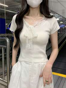 Solid Color Minimalist Lace Patchwork Knitted Top White Summer - White - View 2