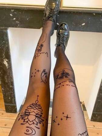 1 Pair Of New Floral Printed Tights With A Lotus Design, Ultra-Thin Black Tights, A Must-Have For Fashionable Nightclubs, Cozy