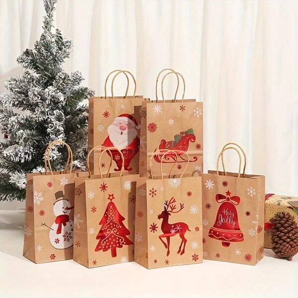 6/12/24pcs Christmas Gift Bags With Handles, Holiday Santa Claus, Reindeer And Snowman Patterns, Suitable For Holiday Shopping And Party Gift Bags Christmas Christmas Decorations Christmas Pajamas Christmas Gifts Christmas Decor