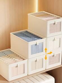 1PC Beige Covered Clothing Storage Box, Fabric-Covered Foldable And Visible Window Clothes Storage Box For Wardrobes, Household Drawer-Style Jeans Organizing And Storage Box - Beige With Lid - View 10