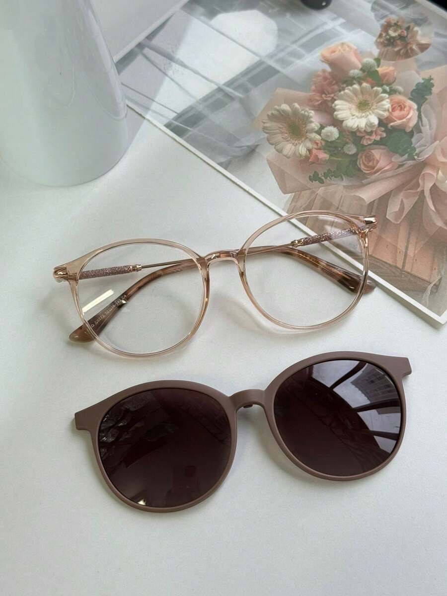 2-In-1 Round Clip-On Glasses Frame With Shine, Model 0273 - Champagne - View 1