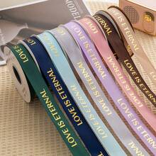 2.5cm X 5yards Floral Printed Satin Ribbon, Foil Stamped "Love Is Eternal" English Letter Bouquet Tie, Craft Supplies For Holidays, Birthdays, Celebrations - Multicolor - View 2