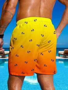 Plus Size Men's Fashion Anchor & Gradient Print Swimming Trunks, Beach Shorts, Hawaiian - Yellow - View 2