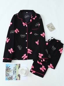 Conjunto de pijama de pantalón y blusa de manga larga con estampado de lazo y efecto arrugado para mujer, ropa de otoño