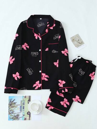 Conjunto de pijama de pantalón y blusa de manga larga con estampado de lazo y efecto arrugado para mujer, ropa de otoño