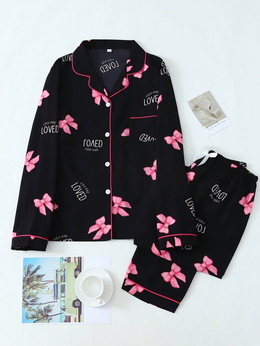 Conjunto de pijama de pantalón y blusa de manga larga con estampado de lazo y efecto arrugado para mujer, ropa de otoño