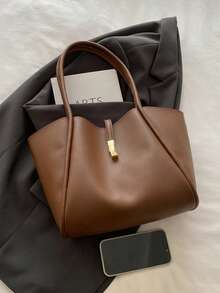 Bolso de mano de unicolor de PU de moda, bolso de hombro, bolso multifuncional, adecuado para compras de mujeres, ir al trabajo, estudiantes volviendo a la escuela y uso diario - Café integral - Ver 3