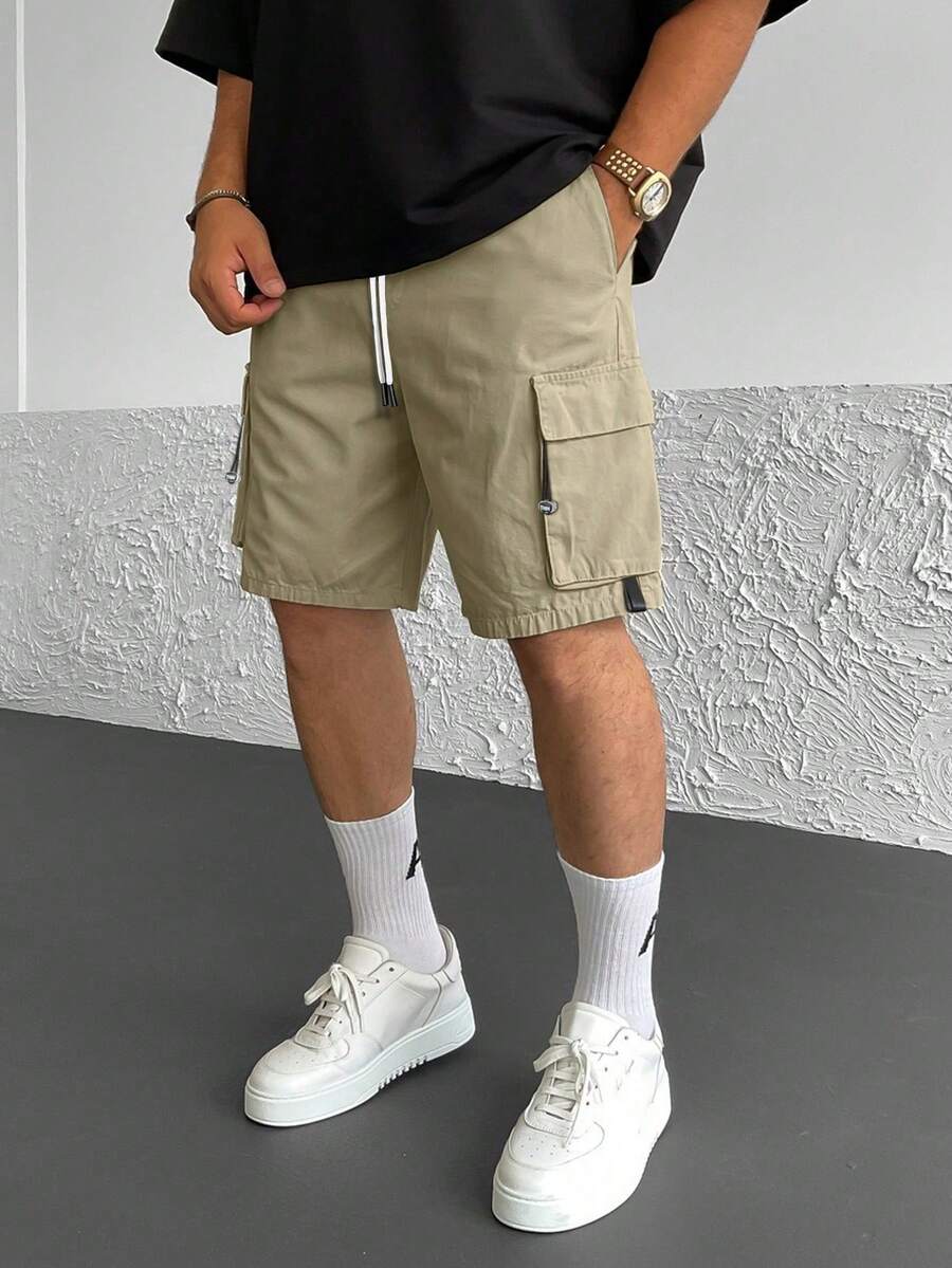 Men's Cool Multi-Pocket Design With Drawstring Detail Straight Leg Cargo Shorts - Khaki - View 1