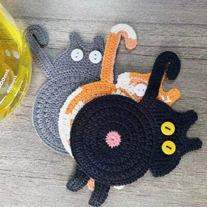 Creative Cat Butt-Shaped Coasters, Home Dining Table Cat-Shaped Coasters, Cat Butt Coasters, Knitted Coasters