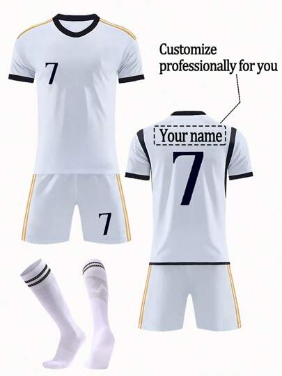 2 piezas Conjunto de jersey de fútbol juvenil personalizado con nombre - Blanco clásico #7, camiseta de cuello redondo de manga corta y pantalones cortos, de poliéster, adecuado para deportes, entrenamiento y uso casual, elección perfecta para exteriores, moderno, colorido, lindo